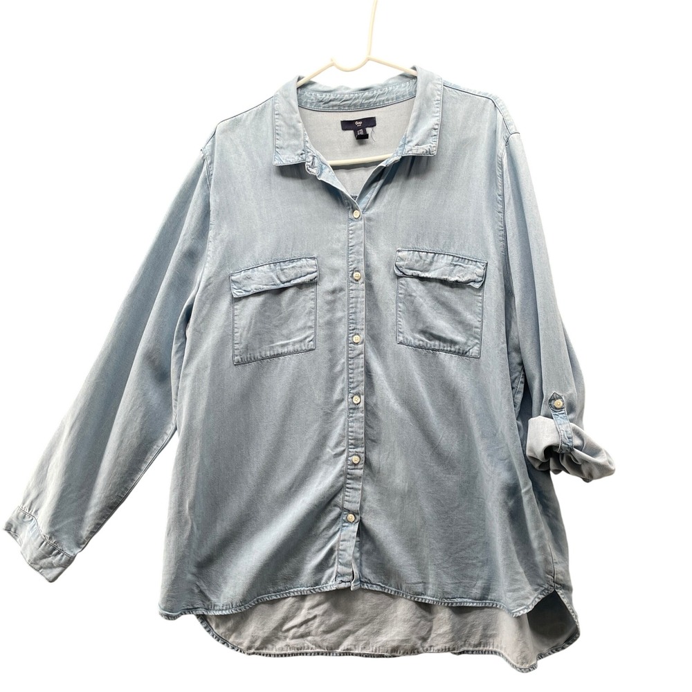 Gap Lyocell Button Down Shirt Womens XXL Relaxed Blue Roll Tab Soft Utility